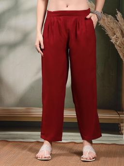 Clora Creation - Maroon Flat Front Pleated Rayon Trousers