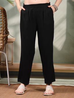 Clora Creation - Black Flat Front Pleated Rayon Trousers