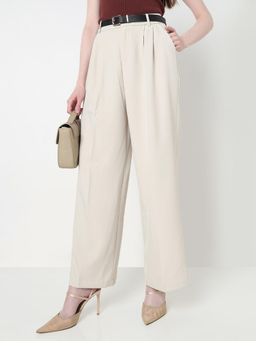 SHOWOFF - Edition Womens Cream Relaxed Fit Korean Pants with Belt (Set of 2)
