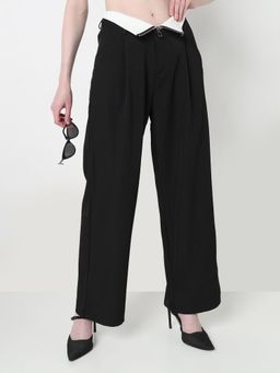 SHOWOFF - Edition Womens Black Pleated Trousers with Inverted Contrast Zipper Waistband