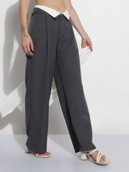 SHOWOFF - Edition Womens Grey Pleated Korean Pants with Contrast Button Waistband