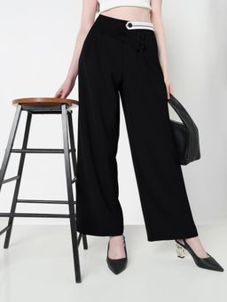 SHOWOFF - Edition Womens Black Pleated Trousers with Contrast Button Waistband