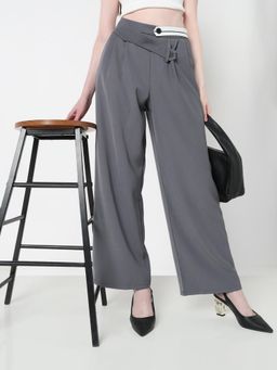 SHOWOFF - Edition Womens Grey Pleated Trousers with Contrast Button Waistband