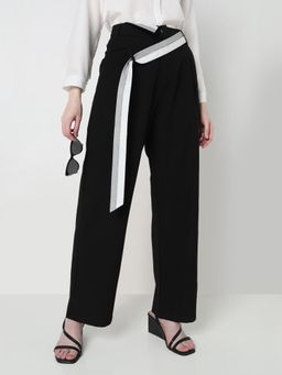 SHOWOFF - Edition Womens Black Pleated Trousers with Contrast Belt Detail