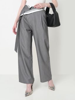 SHOWOFF - Edition Womens Grey Pleated Trousers with Contrast Belt Detail
