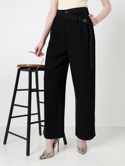 SHOWOFF - Edition Womens Black Pleated Trousers with Contrast Belted Waistband