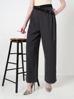SHOWOFF - Edition Womens Grey Pleated Trousers with Contrast Belted Waistband