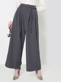 SHOWOFF - Edition Womens Grey Loose Fit Formal Trousers with Belt (Set of 2)
