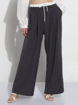 SHOWOFF - Edition Womens Grey Pleated Relaxed Fit Trousers with Contrast Drawstring Waistband