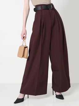 SHOWOFF - Edition Womens Coffee Brown Wide Leg Trousers with Belt (Set of 2)