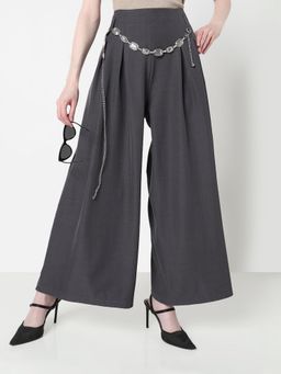 SHOWOFF - Edition Womens Grey Wide Leg Trousers with Belt (Set of 2)