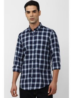 Peter England - Mens Navy Blue Slim Fit Check Full Sleeves Casual Shirt