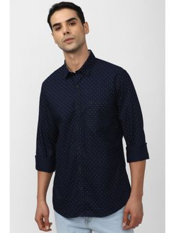 Peter England - Mens Navy Blue Slim Fit Print Full Sleeves Casual Shirt