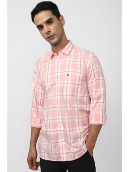 Peter England - Mens Peach Slim Fit Check Full Sleeves Casual Shirt
