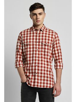 Peter England - Mens Red Slim Fit Check Full Sleeves Casual Shirt