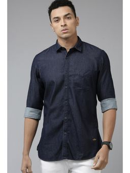 Van Heusen - Mens Navy Blue Slim Fit Textured Full Sleeves Casual Shirt