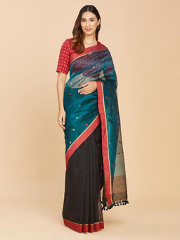Fabindia - Teal Linen Silk Jamdani Woven Saree Without Blouse