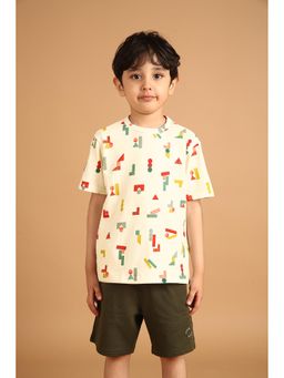 PILOLO - Cream Printed Round Neck T-shirt