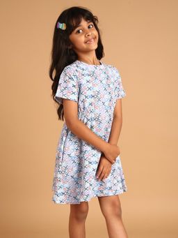 PILOLO - Blue Printed Round Neck Dress