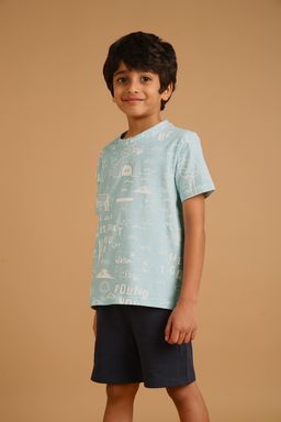 PILOLO - Blue Printed Round Neck T-shirt