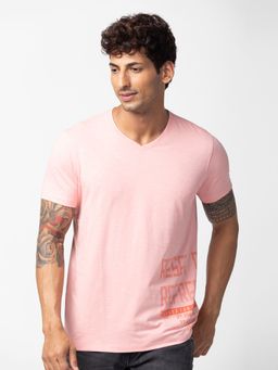 Spykar - Pink V Neck Half Sleeves Blended T-Shirt For Men