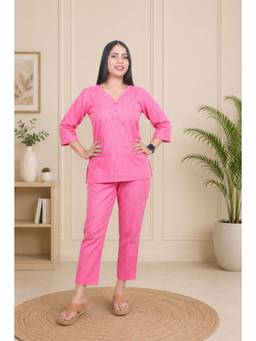 Tripursundari Fashion - Pink Striped Top and Bottom Night Suit Set