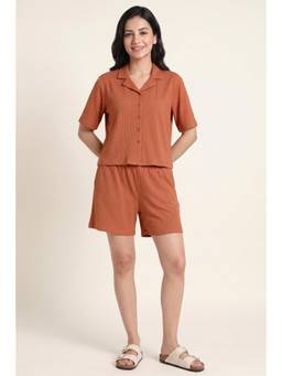 Zivame - Seersucker Knit Cotton Loungewear Short Set - Cork