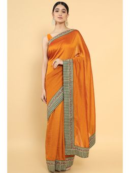 Soch - Women Mustard Silk Embroidered Saree with Unstitched Blouse