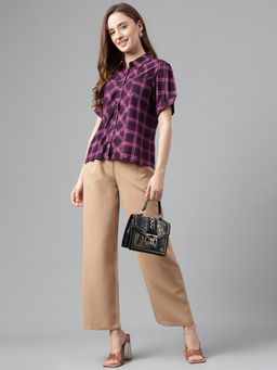 Latin Quarters - Wine Half Sleeves Stripes Collar Neck Rayon Top