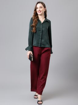 Latin Quarters - Green Full Sleeves Solid/Plain Collar Neck Polyester Top