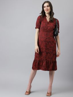 Latin Quarters - Maroon Short Sleeves V-Neck Printed Knee Length Dress For Casual Wear
