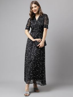 Latin Quarters - Black Short Sleeves V-Neck Printed Maxi Dress For Casual Wear