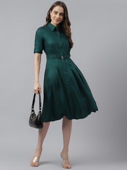 Latin Quarters - Green Short Sleeves Shirt Collar Solid Knee Length Dress For Casual Wear