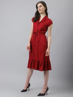 Latin Quarters - Wine Short Sleeves Shirt Collar Solid Knee Length Dress For Casual Wear