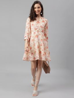 Latin Quarters - Peach Three-Quarter Sleeves Round Neck Printed Mini Dress For Casual Wear