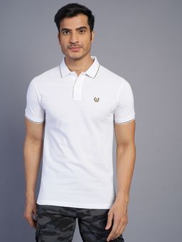 Greenfibre - Men's White Cotton Blend Slim Fit Solid Polo T-Shirt