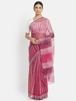 Fabindia - Pink Cotton Silk Hand Block Print Saree without Blouse