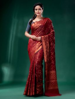 CHARUKRITI - Dark Red Cotton Silk Saree with Woven Design with Unstitched Blouse