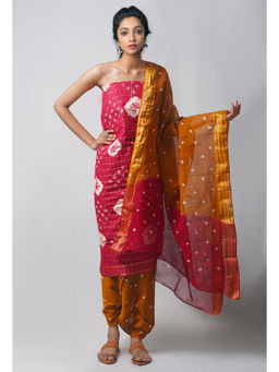 Unnati Silks - Unstitched Maroon Ochre Pure Bandhani Cotton Salwar Kameez (Set of 3)