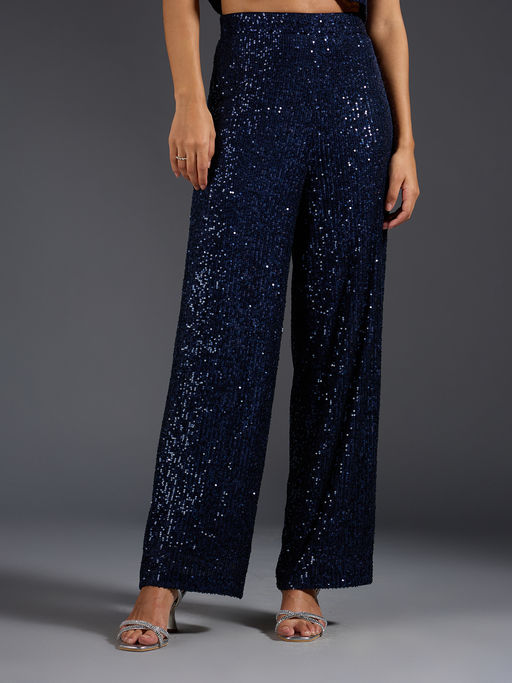 Twenty Dresses by Nykaa Fashion Blue Sequin Straight Fit Pants