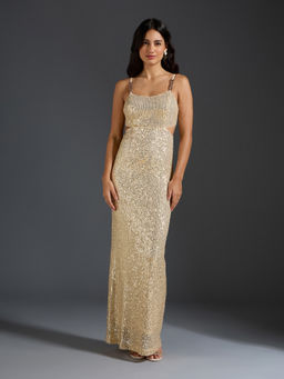 Twenty Dresses by Nykaa Fashion - Gold Sequinned Sweetheart Neck Sheath Maxi Dress