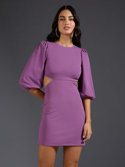 Twenty Dresses by Nykaa Fashion - Purple Solid Round Neck Puff Sleeve Short Sheath Dress