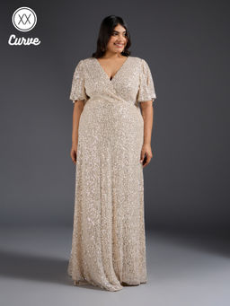Twenty Dresses by Nykaa Fashion - Curve Cream Sequinned V Neck Bell Sleeve Maxi Dress