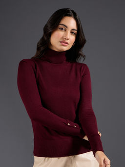 Twenty Dresses by Nykaa Fashion - Wine Solid Turtle Neck Buttoned Cuffs Sweater Top