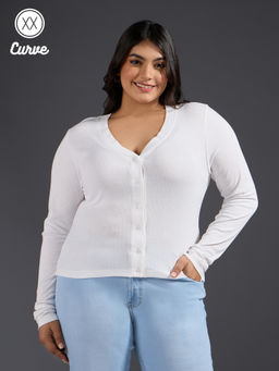 Twenty Dresses by Nykaa Fashion - Curve White Solid Ribbed Full Sleeves T-Shirt