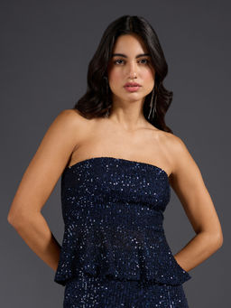 Twenty Dresses by Nykaa Fashion - Blue Sequin Peplum Tube Top