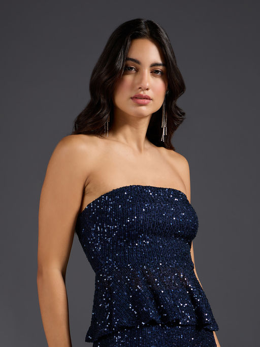 Buy Twenty Dresses by Nykaa Fashion Blue Sequin Peplum Tube Top Online