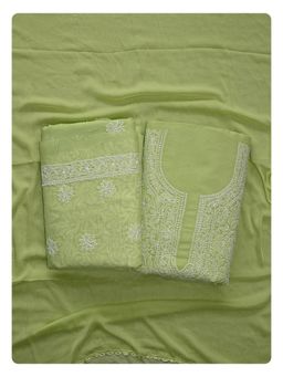 Seva Chikan - Green Terivoil Cotton Chikankari Unstitched Kurta with Bottom and Dupatta