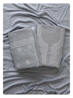 Seva Chikan - Grey Terivoil Cotton Chikankari Unstitched Kurta with Bottom and Dupatta