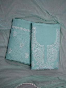 Seva Chikan - Green Terivoil Cotton Chikankari Unstitched Kurta with Bottom and Dupatta